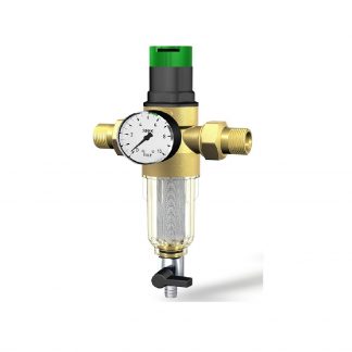 Sieb Rückspülfilter<br>( Feinfilter ) 1/2" sowie Außen-<br>gewinde 1" mit Schrägsitzdruck-<br>minderer und Manometer-<br>anschluss